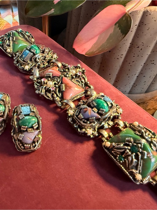 Antique Jewelry - Green and Pink Selro Selini Vintage Statement Bracelet and Earrings Set